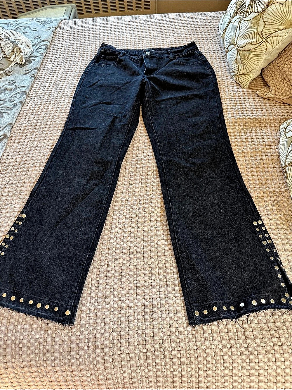 PrettyLittleThing Petite Black Flared Stud Split Hem Jeans Studded Flare Jeans